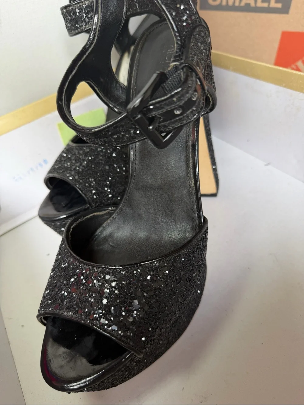 Michael Kors Black Glitter Open-Toe Slingback Heels